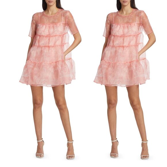 NWT Staud Mini Hyacinth Organza Babydoll Dress Tiered Semi-Sheer Sz Small Pink - Picture 1 of 13